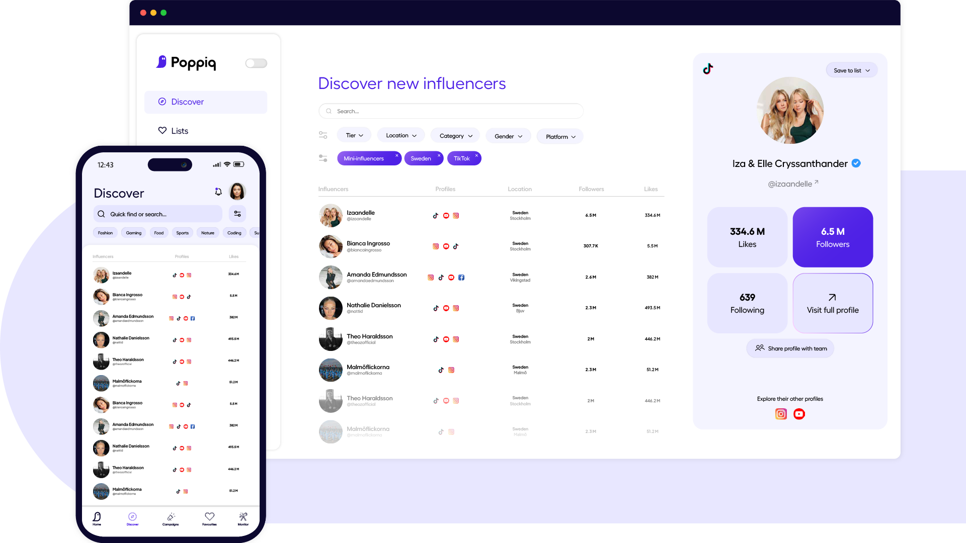 Find and manage influencers in Poppiqs Platform and App